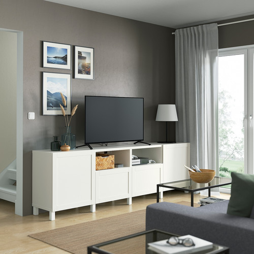 BESTÅ TV bench with doors and drawers, white/Hanviken/Stubbarp white, 240x42x74 cm