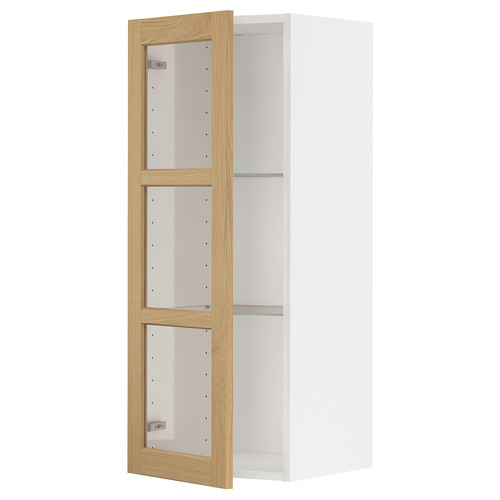 METOD Wall cabinet w shelves/glass door, white/Forsbacka oak, 40x100 cm
