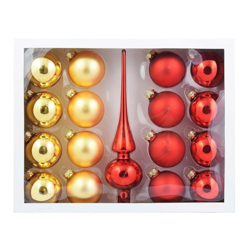 Christmas Decoration Set Baubles 16pcs & Topper, gold-red