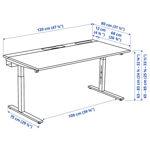 MITTZON Desk, black stained ash veneer/white, 120x80 cm