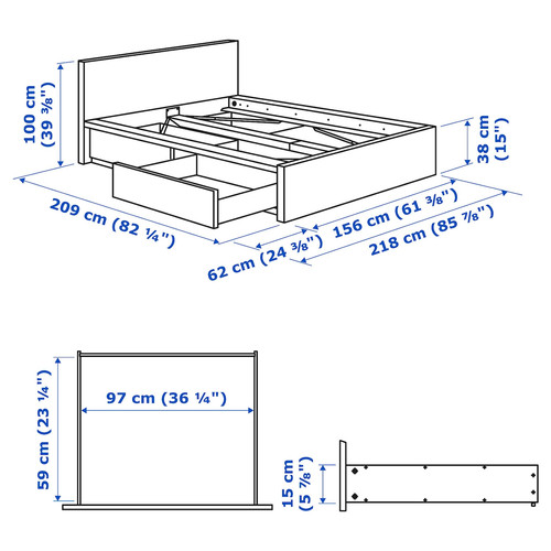 MALM Bed frame, high, w 2 storage boxes, white stained oak veneer, 140x200 cm