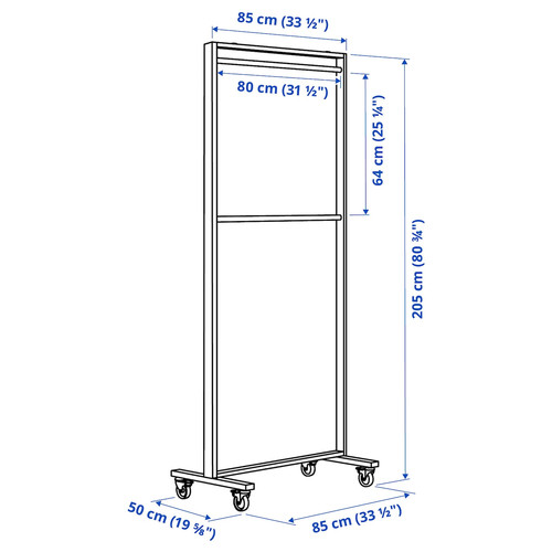 MITTZON Frame w castors/coat rack/disp shlf, white, 85x205 cm