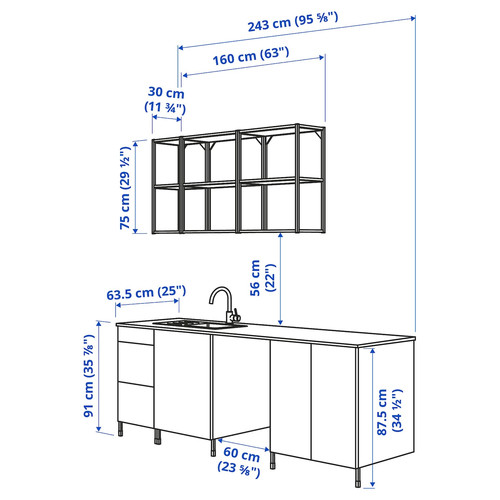 ENHET Kitchen, white, 243x63.5x222 cm