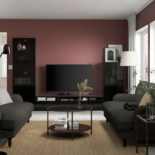 BESTÅ TV storage combination/glass doors, black-brown/Selsviken high-gloss/black smoked glass, 300x42x193 cm