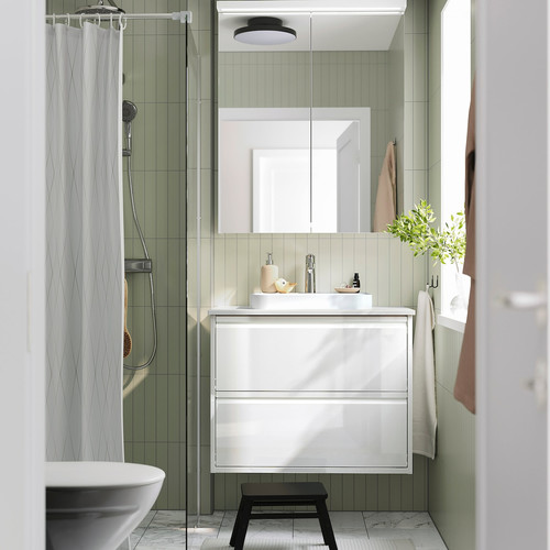 ÄNGSJÖN / BACKSJÖN Wash-stnd w drawers/wash-basin/tap, high-gloss white/white marble effect, 82x49x71 cm