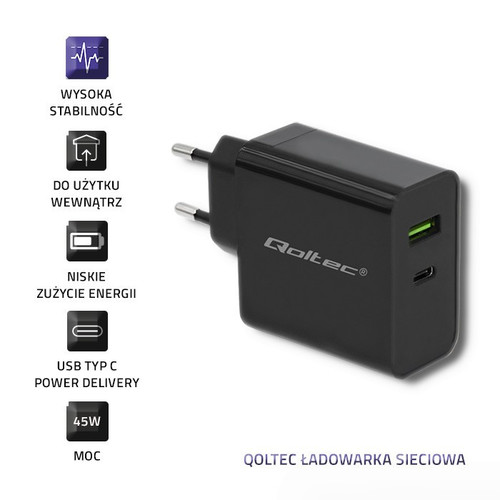 Qoltec Wall Charger 42W 5-20V, 2.25-3A, USB C EU Plug