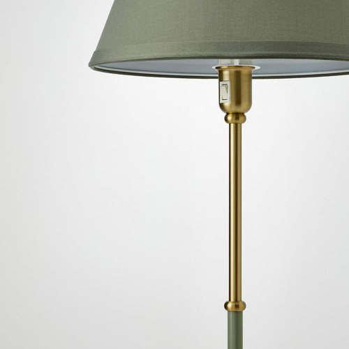 FLYGHÖJD Floor lamp, brass/green-grey