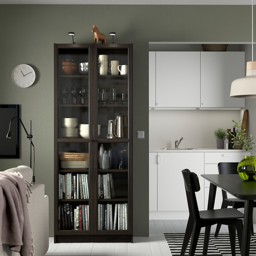 BILLY / OXBERG Bookcase w glass doors, dark brown oak effect, 80x30x202 cm