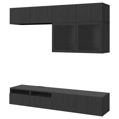 BESTÅ TV storage combination/glass doors, black-brown/Lappviken black-brown clear glass, 240x42x231 cm