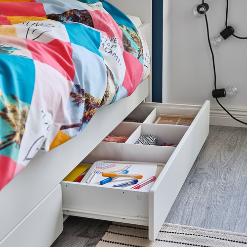 SLÄKT Bed frame with underbed and storage, white, 90x200 cm