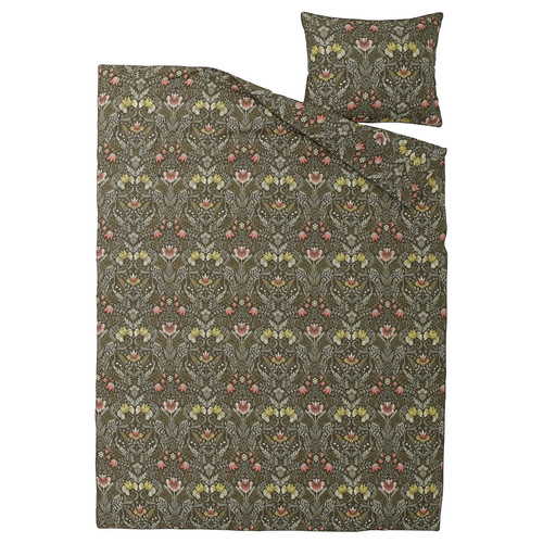 KÄRRDUNÖRT Duvet cover and pillowcase, dark green/multicolour, 150x200/50x60 cm