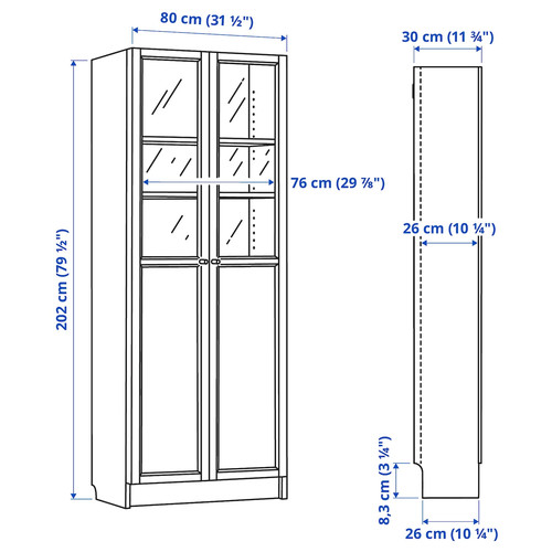 BILLY / OXBERG Bookcase with panel/glass doors, dark brown oak effect, 80x30x202 cm