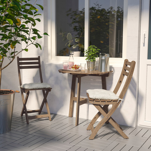ASKHOLMEN Table for wall, outdoor, folding grey-brown, stained light brown, 70x44 cm