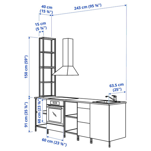 ENHET Kitchen, white, oak effect, 243x63.5x241 cm