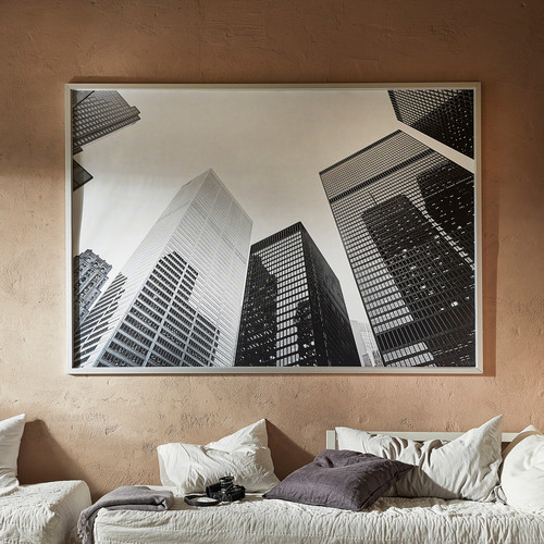 BJÖRKSTA Picture and frame, black and white skyscrapers, aluminum color, 200x140 cm