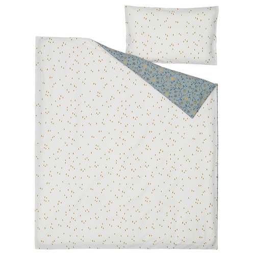 GULDVÄVARE Duvet cover 1 pillowcase for cot, blue/white floral pattern, 110x125/35x55 cm