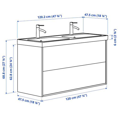 ÄNGSJÖN / BACKSJÖN Wash-stnd w drawers/wash-basin/taps, high-gloss white, 120x48x69 cm