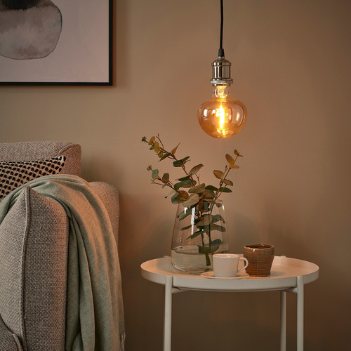 JÄLLBY / MOLNART Pendant lamp with light bulb, textile nickel-plated/mushroom brown clear glass