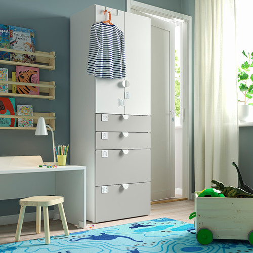 SMÅSTAD / PLATSA Wardrobe, white grey/with 4 drawers, 60x42x181 cm