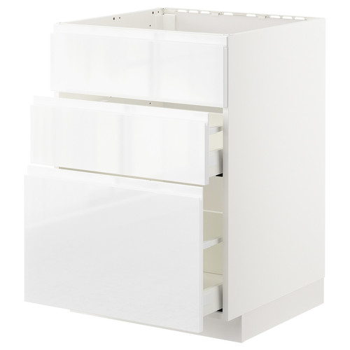 METOD / MAXIMERA Base cab f sink+3 fronts/2 drawers, white, Voxtorp high-gloss/white, 60x60 cm