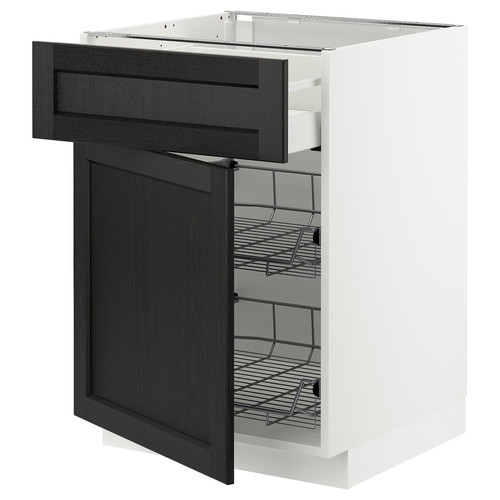 METOD / MAXIMERA Base cab w wire basket/drawer/door, white/Lerhyttan black stained, 60x60 cm