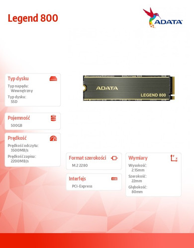 Adata SSD Legend 800 500GB PCIe 4x4 3.5/2.2 GB/s M2