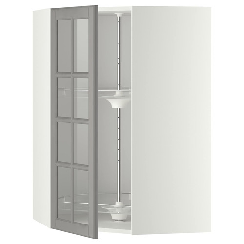 METOD Corner wall cab w carousel/glass dr, white/Bodbyn grey, 68x100 cm