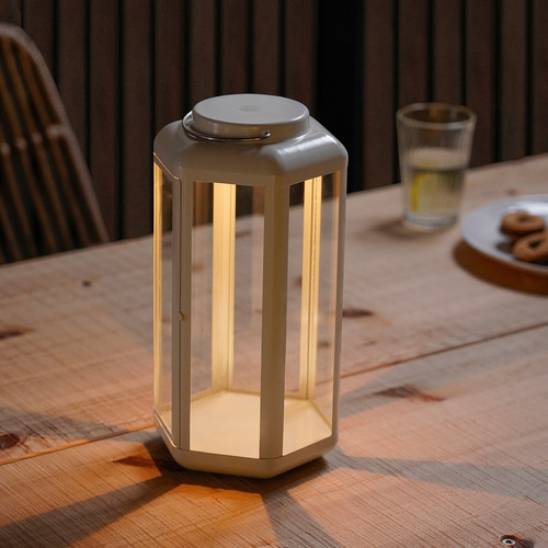 SOMMARLÅNKE LED decorative table lamp, lantern outdoor/battery-operated beige, 28 cm