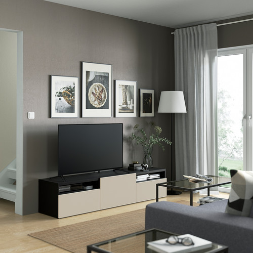 BESTÅ TV bench with drawers and door, black-brown/Lappviken light grey/beige, 180x42x39 cm