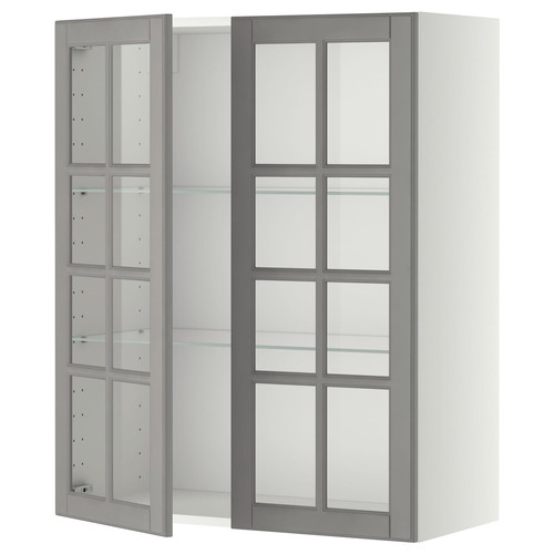 METOD Wall cabinet w shelves/2 glass drs, white/Bodbyn grey, 80x100 cm