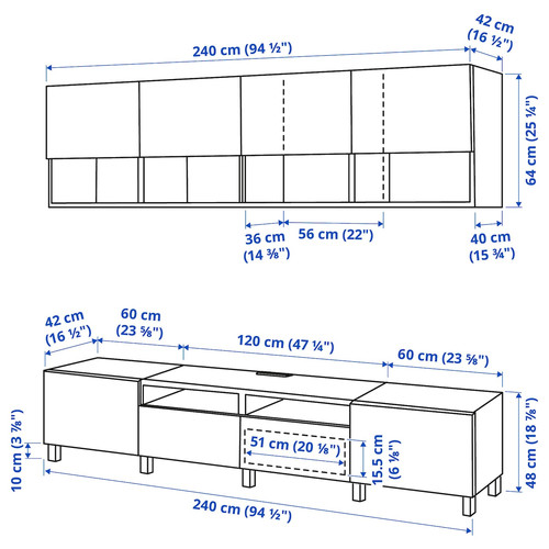 BESTÅ TV storage combination, white stained oak effect/Lappviken/Stubbarp white stained oak effect, 240x42x230 cm