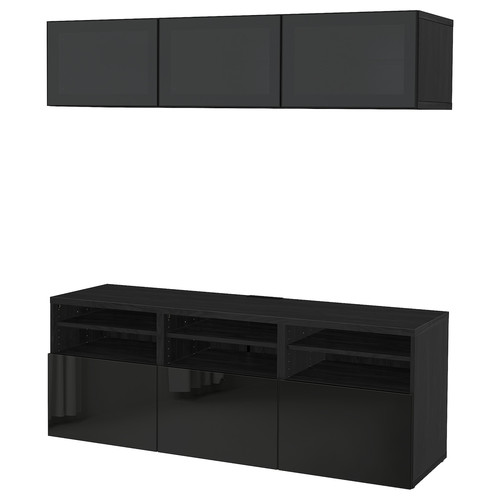 BESTÅ TV storage combination/glass doors, black-brown/Selsviken high-gloss/black smoked glass, 180x42x192 cm