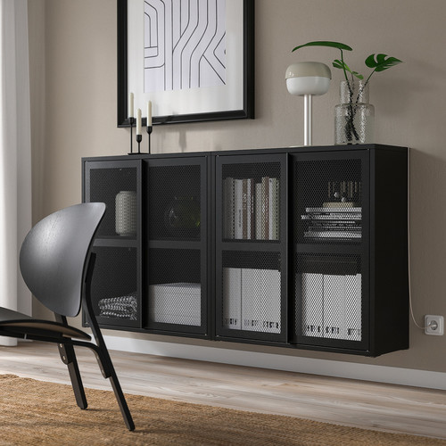 IVAR Cabinet with doors, black mesh, 160x30x83 cm