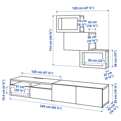 BESTÅ TV storage combination/glass doors, white Glassvik/Selsviken light grey-blue, 240x42x190 cm