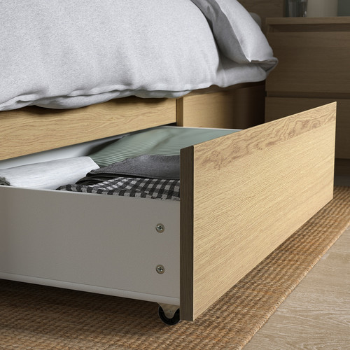 MALM Bed frame, high, w 2 storage boxes, white stained oak veneer/Lönset, 120x200 cm
