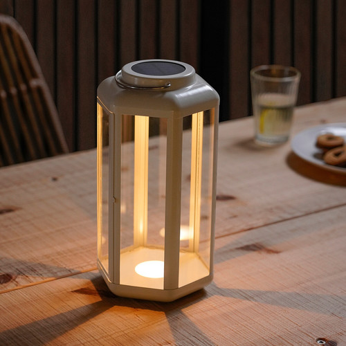 SOLVINDEN LED solar-powered table lamp, lantern/beige, 28 cm