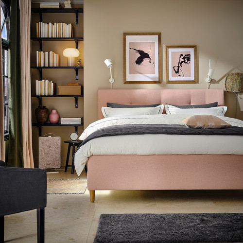 IDANÄS Upholstered storage bed, Gunnared pale pink, 160x200 cm
