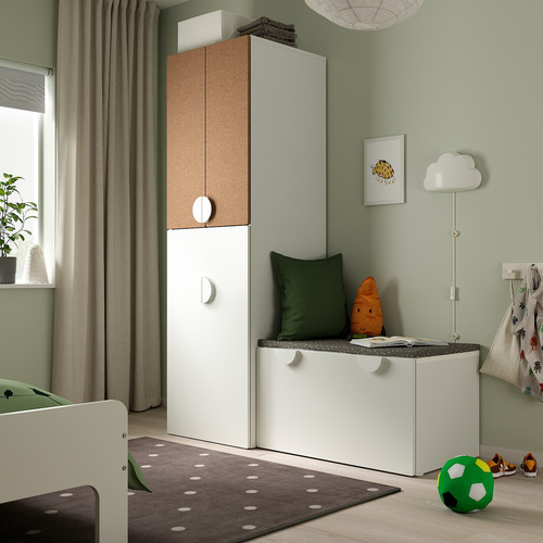 SMÅSTAD Wardrobe with pull-out unit, white cork/with storage bench, 150x57x196 cm