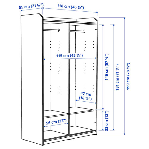 HAUGA Wardrobe with sliding doors, white, 118x55x199 cm