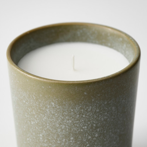 HEDERSAM Scented candle in ceramic jar, Fresh grass/light green, 50 hr