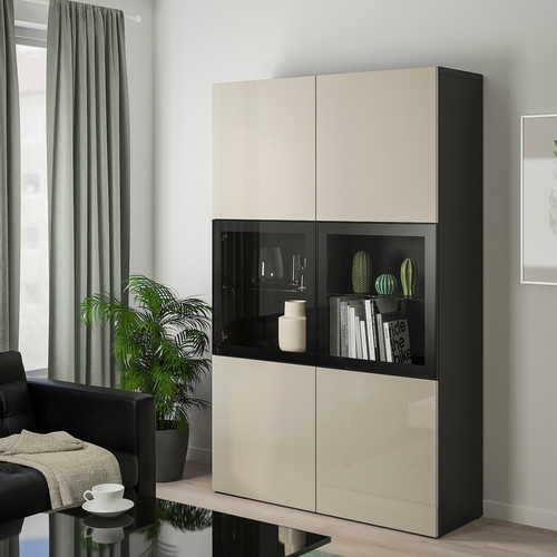 BESTÅ Storage combination w/glass doors, black-brown, Selsviken high-gloss/beige, clear glass, 120x40x192 cm