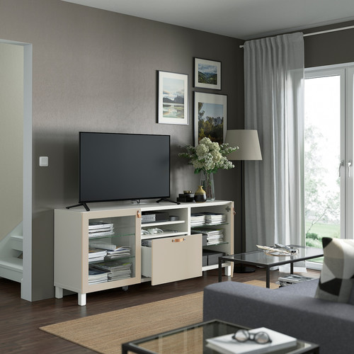 BESTÅ TV bench with drawers, white Sindvik/Lappviken/Stubbarp light grey/beige, 180x42x74 cm