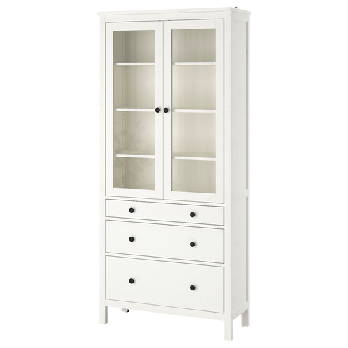 HEMNES Glass-door cabinet with 3 drawers, white stain, 90x197 cm