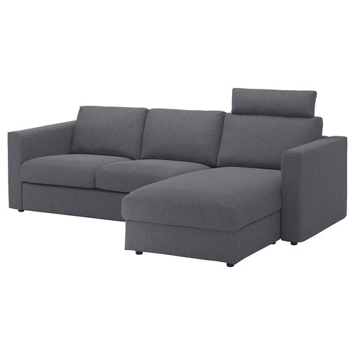 VIMLE Cover 3-seat sofa w chaise longue, with headrest/Gunnared medium grey