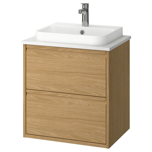 ÄNGSJÖN / BACKSJÖN Wash-stnd w drawers/wash-basin/tap, oak effect/white marble effect, 62x49x71 cm