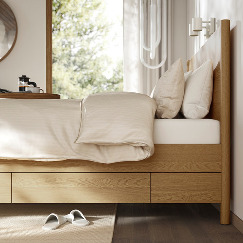 TONSTAD Bed frame with storage, oak veneer/Lindbåden, 140x200 cm