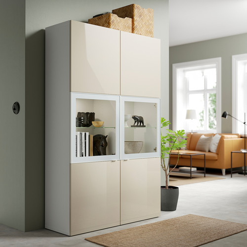 BESTÅ Storage combination w/glass doors, white/Selsviken high gloss/beige clear glass, 120x42x193 cm