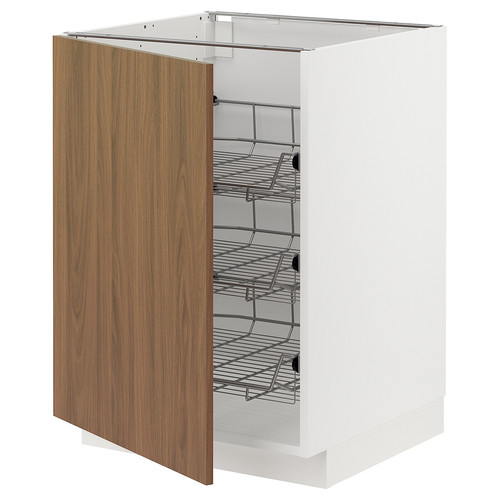 METOD Base cabinet with wire baskets, white/Tistorp brown walnut effect, 60x60 cm