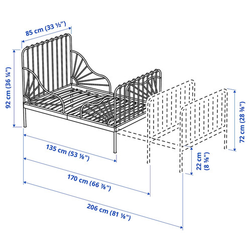 MINNEN Ext bed frame with slatted bed base, grey-blue, 80x200 cm