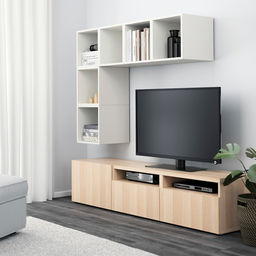 BESTÅ / EKET Cabinet combination for TV, white stained oak effect/white, 180x42x170 cm